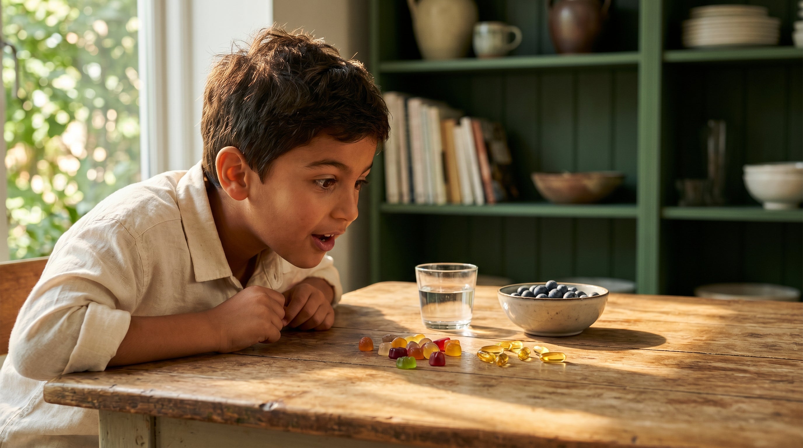 Middle Eastern boy age 8 discovering vitamin supplements on a wooden table, warm natural light — Raised Mighty