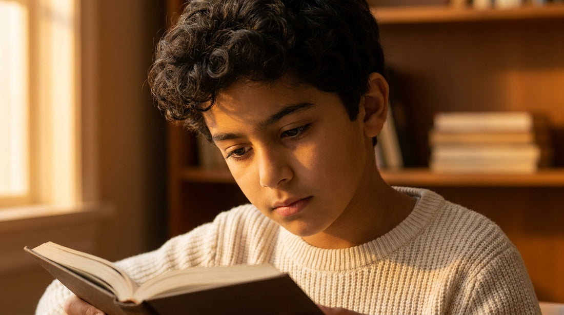 Arab boy age 10 absorbed in reading, Rembrandt side lighting, warm amber tones, tight intimate portrait