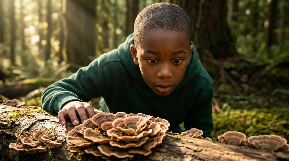 Turkey tail mushroom for kids — child discovering fan-shaped medicinal mushrooms in a forest