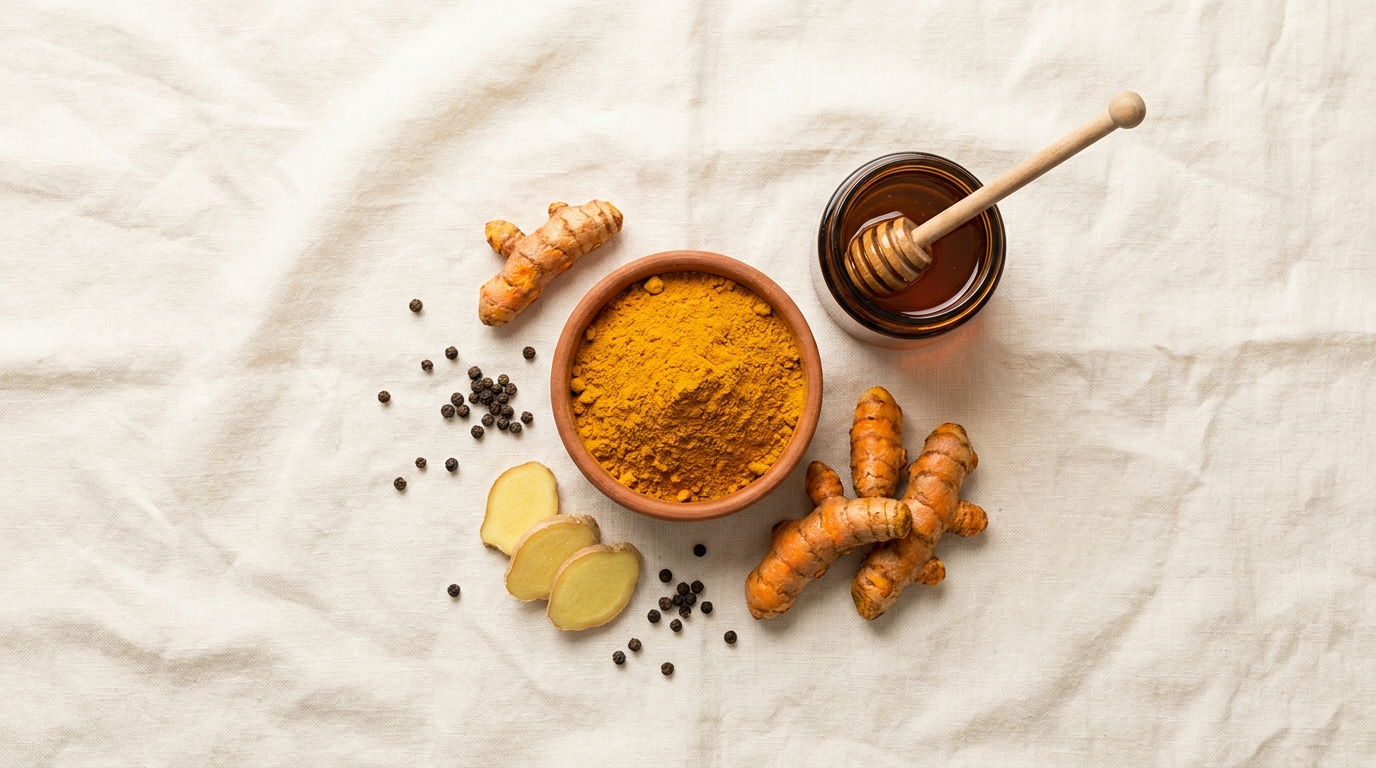 Editorial flatlay of turmeric roots, ground turmeric powder, ginger, and black pepper on cream linen