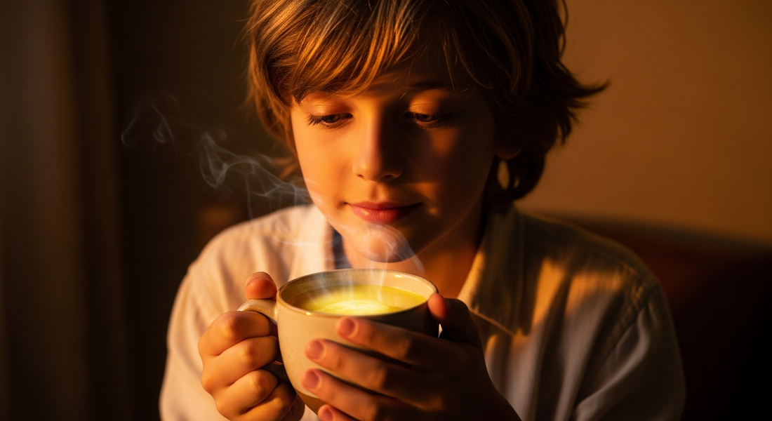 Boy with sandy-blonde hair holding a warm mug of golden turmeric milk, steam rising, cozy home setting