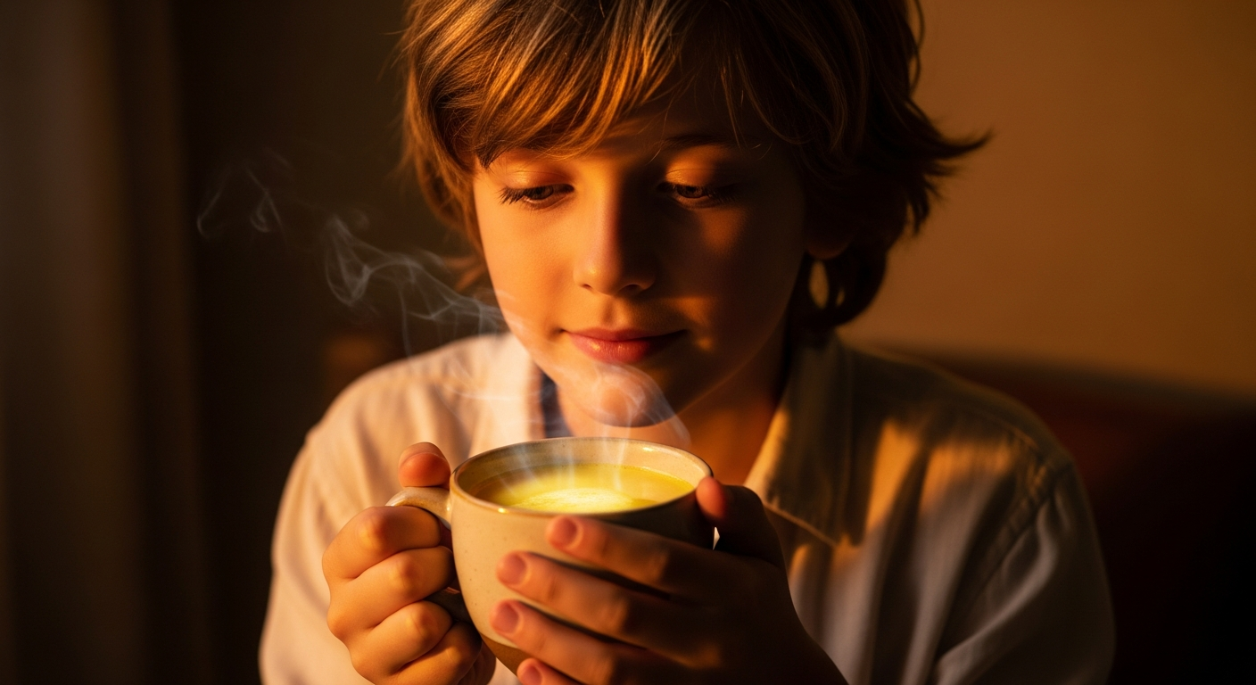 Boy with sandy-blonde hair holding a warm mug of golden turmeric milk, steam rising, cozy home setting