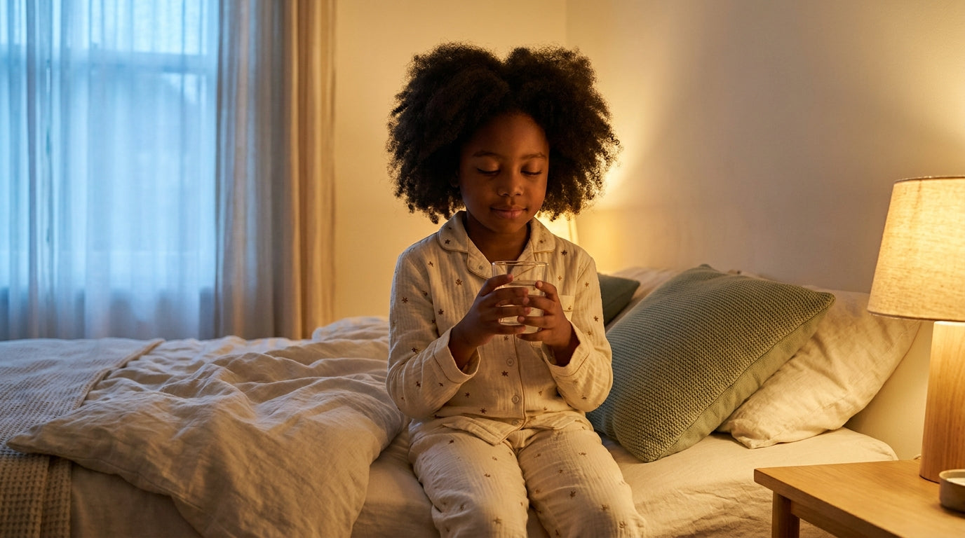 Black girl in cream star pajamas sitting on bed edge, amber lamp and blue moonlight, valerian root for kids