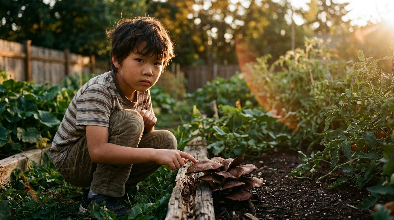 East Asian boy examining mushrooms in a garden — vanadium for kids
