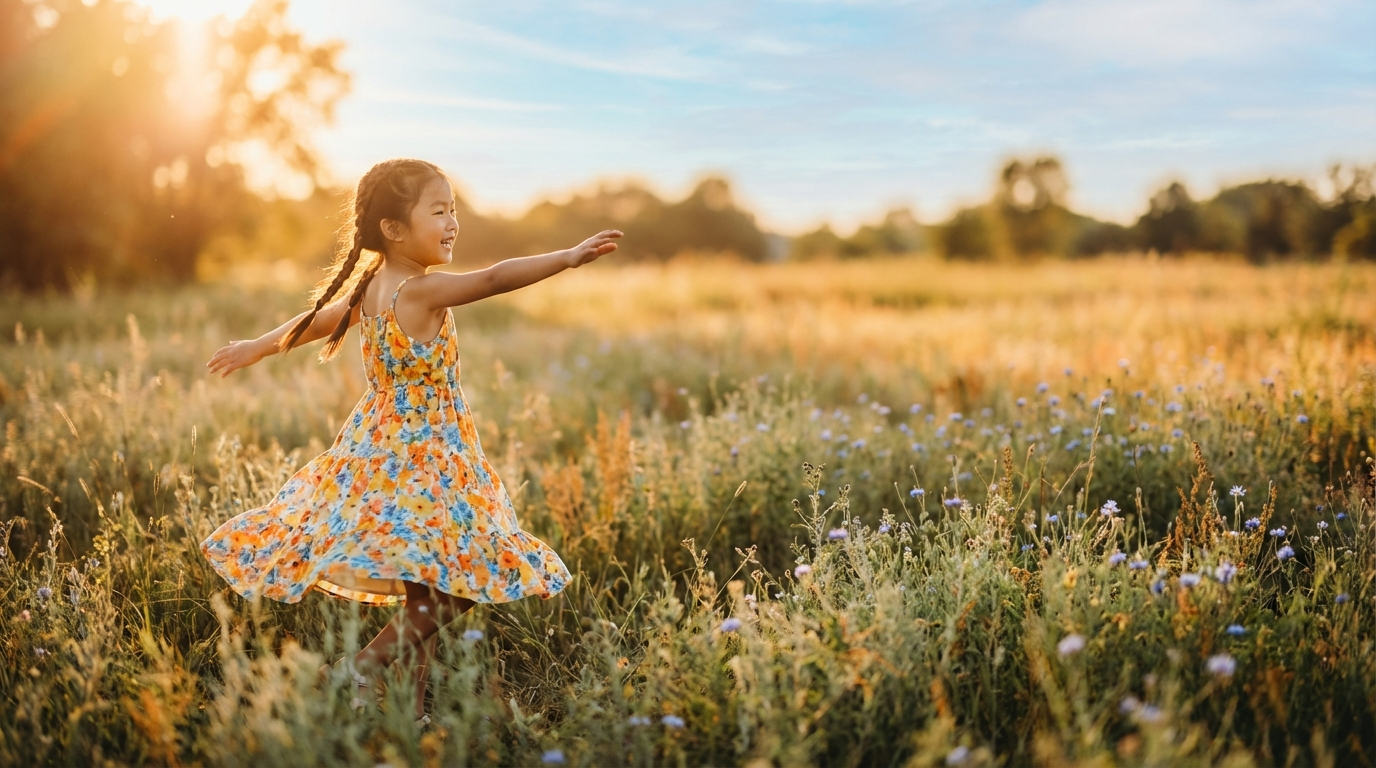 Child with arms outstretched spinning in golden afternoon sunlight — vitamin D for kids