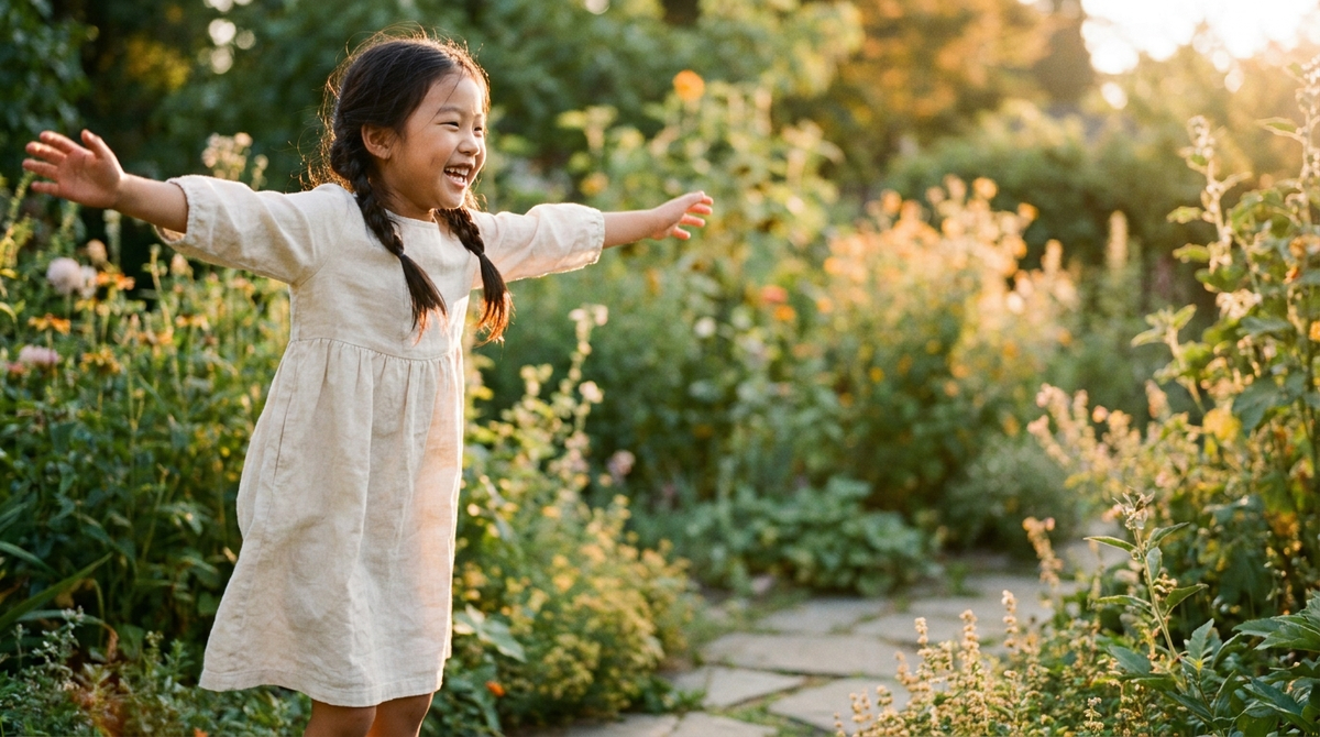 Joyful child jumping outdoors in golden sunlight — vitamin K2 supports strong bone growth in kids