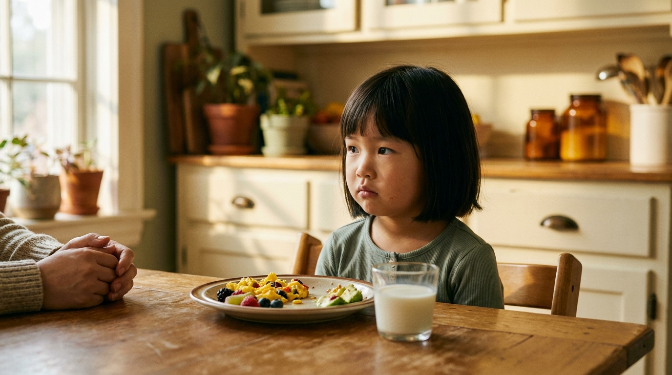 A parent encouraging a picky eater child at the breakfast table