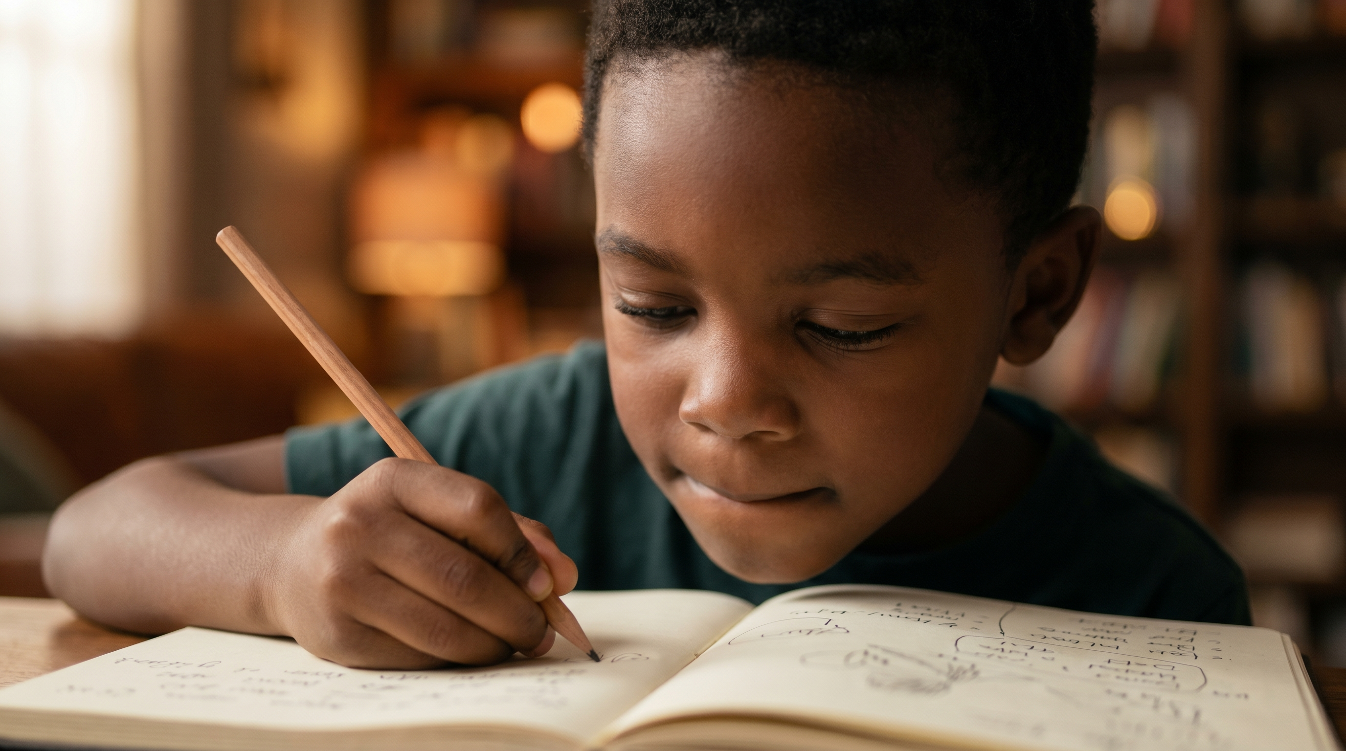 Black boy age 7 concentrating intensely on writing in a notebook — vitamins for kids with ADHD