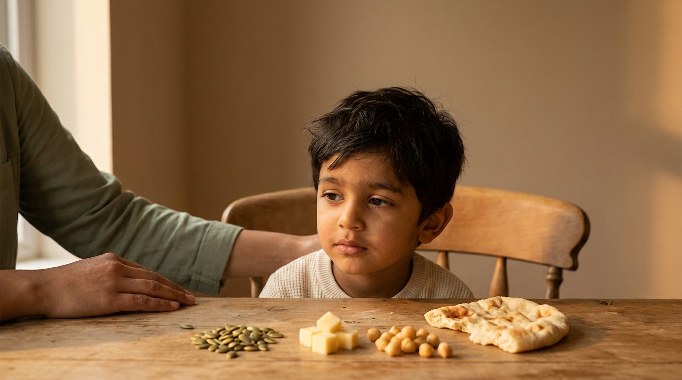 South Asian boy looking at zinc-rich foods with parent's hand visible — zinc deficiency in children